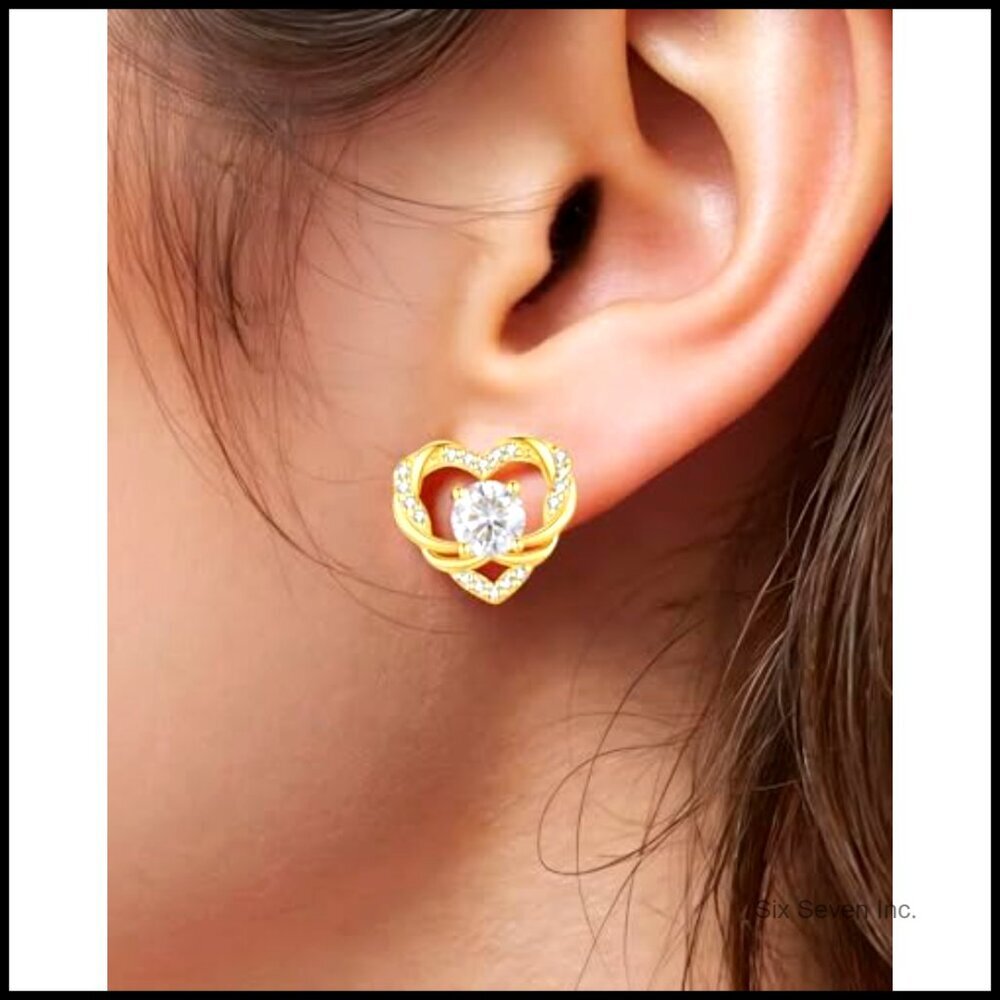 Moissanite Heart Stud Earrings 925 Sterling Silver Gold Plated Fine Jewelry - Picture 2 of 7